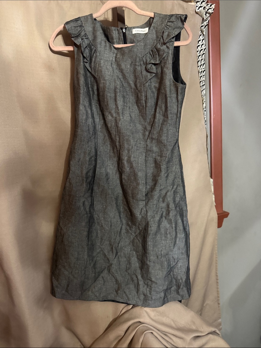 Calvin Klein Charcoal Ruffle-Trim Sleeveless Shift Dress S-10